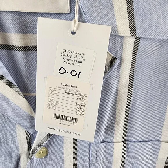 Les Deux Lawson Stripe SS Shirt Short Sleeves Men's XL Summer Sky Button Closure